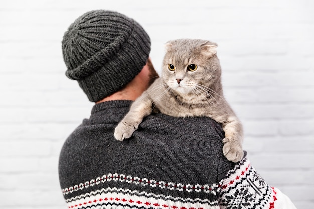 Chat mignon tenu par le propriétaire