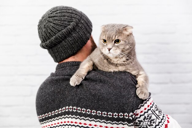 Chat mignon tenu par le propriétaire