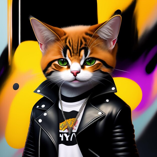 Un chat portant une veste en cuir noire qui dit "ma ville" dessus