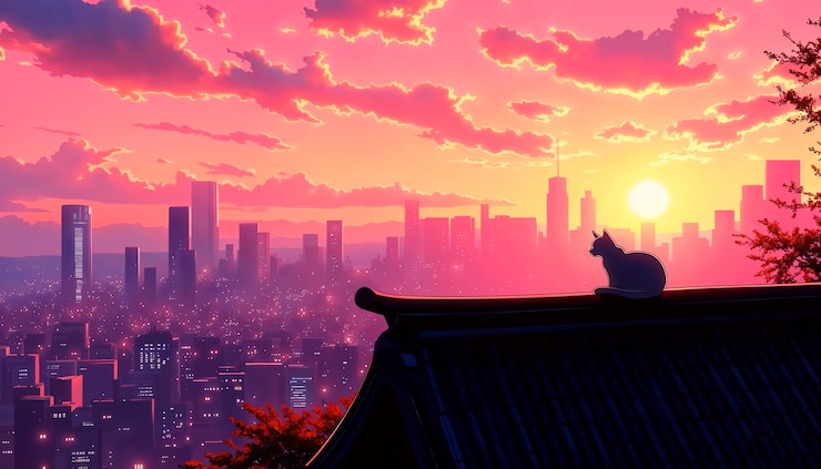 Photo gratuit un chat qui regarde le coucher de soleil au-dessus de la ville