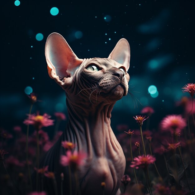 Chat sphynx mignon avec des fleurs à l'extérieur