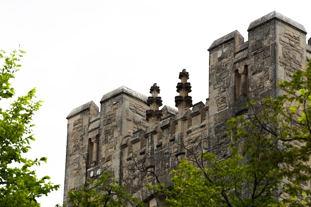 Château d'angle en pierre avec arbres