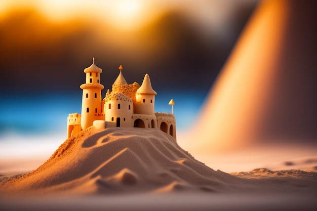 Château de sable sur une colline avec un fond de coucher de soleil