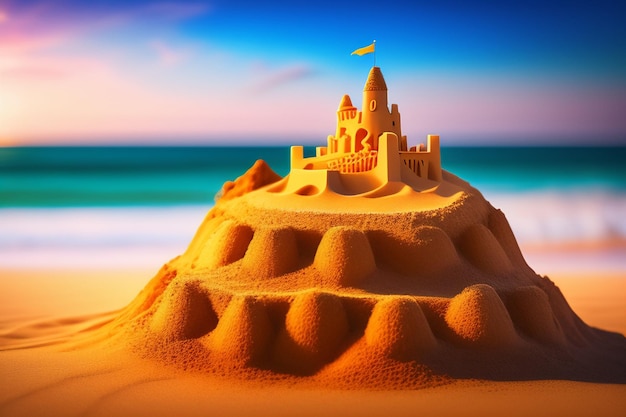 Photo gratuite château de sable sur une plage avec un ciel bleu en arrière-plan