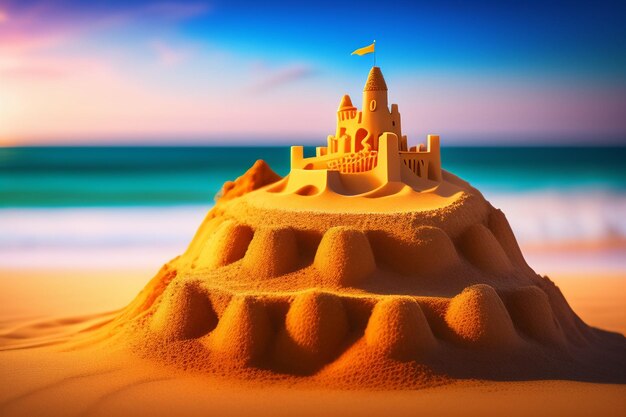 Château de sable sur une plage avec un ciel bleu en arrière-plan