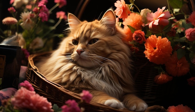 Photo gratuite chaton mignon assis dans un panier entouré de fleurs et de nature généré par l'intelligence artificielle