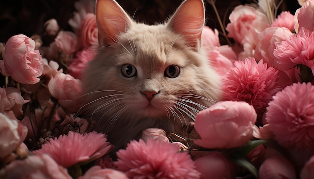 Un chaton mignon assis à l'extérieur regardant une fleur rose générée par l'intelligence artificielle