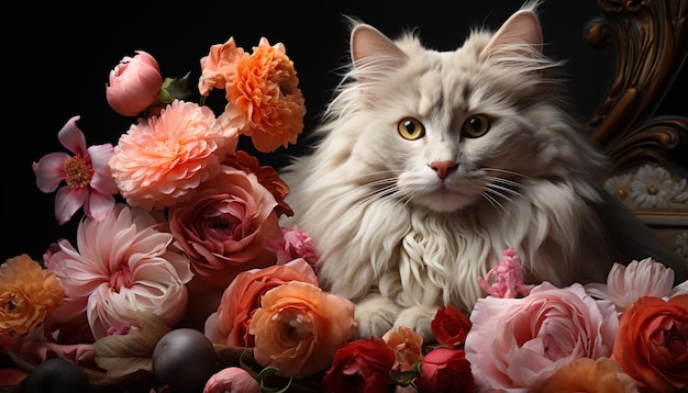 Chaton mignon assis regardant la caméra entouré de belles fleurs générées par l'intelligence artificielle