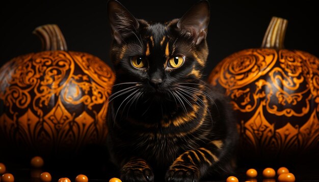 Photo gratuite chaton mignon avec une lanterne citrouille célébrant la nuit effrayante d'halloween générée par l'intelligence artificielle