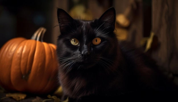Un chaton mignon regarde fixement une décoration effrayante de citrouille générée par l'IA