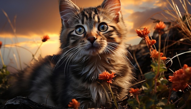 Photo gratuite un chaton moelleux assis dans l'herbe regardant le coucher de soleil enjoué généré par l'intelligence artificielle