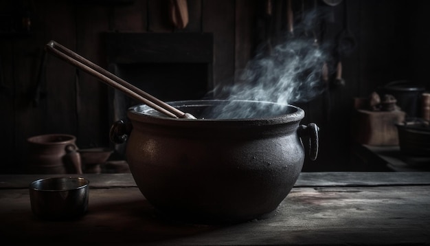 Un chaudron en terre cuite fait bouillir de la soupe sur une flamme nue générée par l'IA