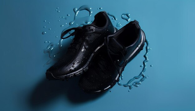La chaussure bleue tombe dans l'eau éclaboussante de liquide humide générée par l'IA