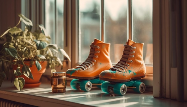 Photo gratuite chaussure de sport sur table en bois mode moderne générée par l'ia