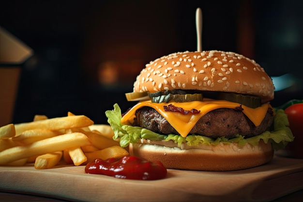 Cheeseburger avec frites et ketchup sur table en bois Ai générative