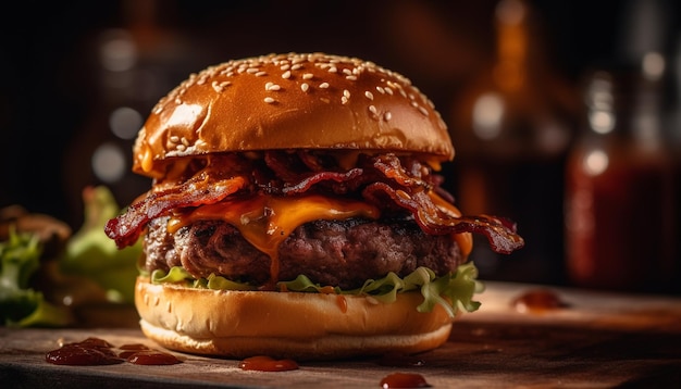 Cheeseburger gastronomique grillé avec légumes frais et frites généré par l'IA