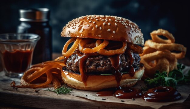 Cheeseburger grillé et frites, restauration rapide parfaite générée par l'IA