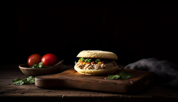 Cheeseburger grillé sur une table en bois rustique générée par l'IA