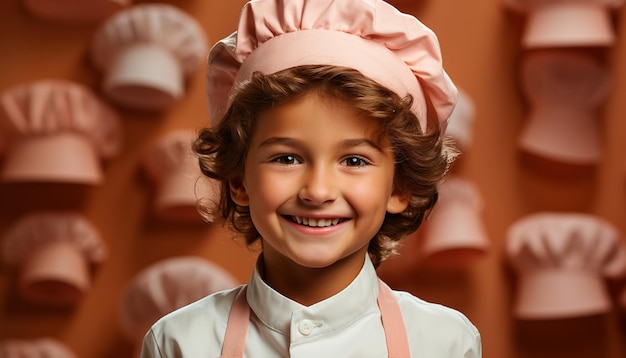 Un chef enfant souriant, fier et joyeux de cuisiner des biscuits dans une cuisine générée par l'intelligence artificielle