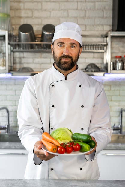 Photo gratuite chef masculin dans la cuisine tenant une assiette de légumes frais