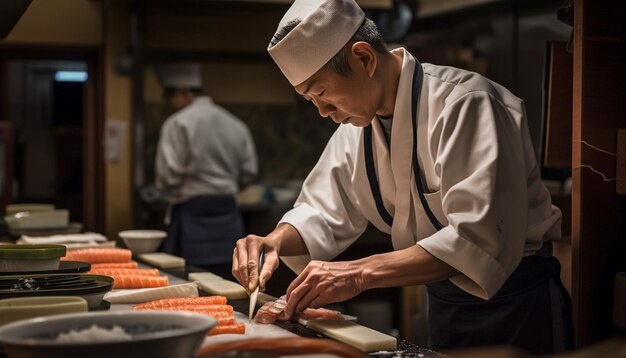 Chef masculin expert préparant un repas frais à l'intérieur généré par l'IA