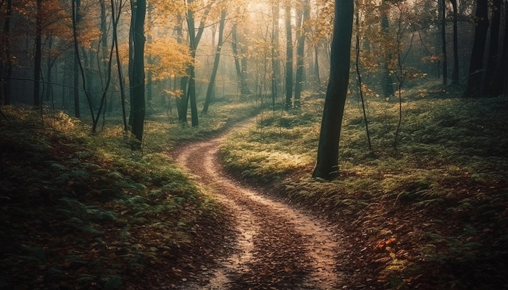 Photo gratuit un chemin dans les bois avec le soleil qui brille à travers les arbres.