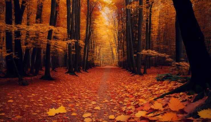 Photo gratuit un chemin dans une forêt avec des feuilles dessus