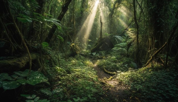 Un chemin forestier tranquille mène à une aventure mystérieuse générée par l'IA