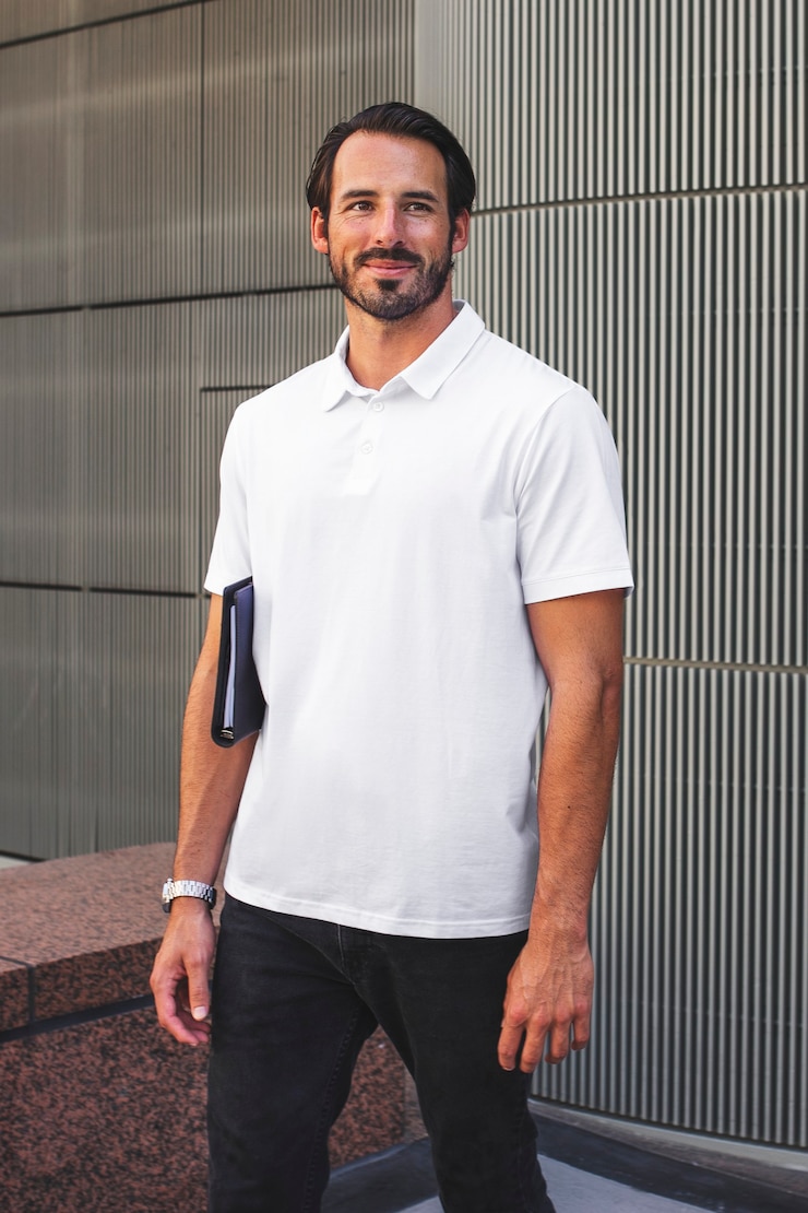 Photo gratuit chemise de polo blanche, style de rue, vêtements pour hommes, mode, photoshoot