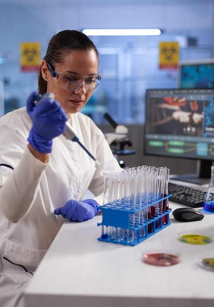 Chercheur chimiste laissant tomber du liquide dans de la verrerie médicale à l'aide d'une micropipette