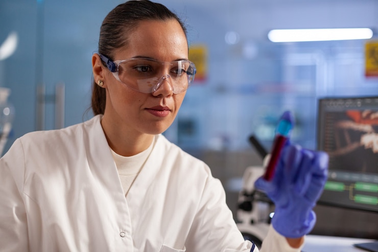 Photo gratuit chercheur scientifique en médecine analysant un échantillon de pot de sang pour un test de développement en laboratoire de chimie. femme professionnelle avec blouse de laboratoire, lunettes et gants trouvant un traitement pour les soins de santé