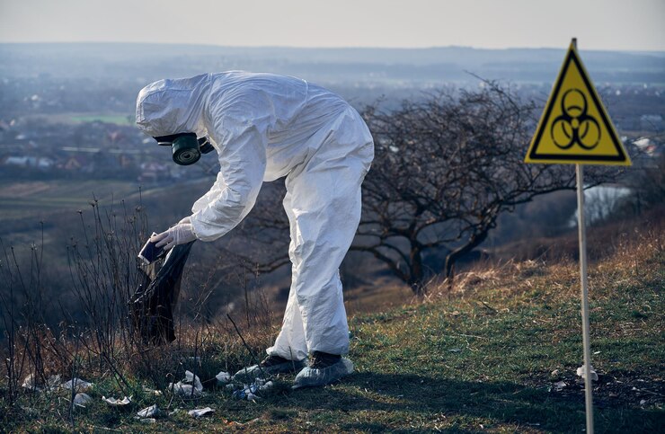 Photo gratuit chercheur en tenue de protection ramassant des déchets plastiques dans un sac à déchets noir à l'extérieur par beau temps