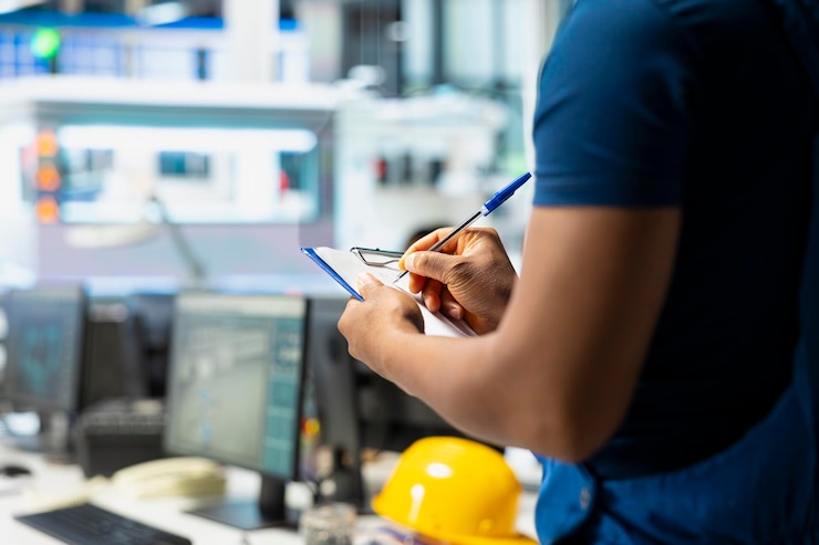 Photo gratuit un chercheur d'une usine de fabrication de panneaux solaires prend des notes sur des fichiers