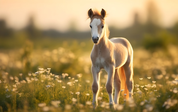 Un cheval dans un pâturage fleuri
