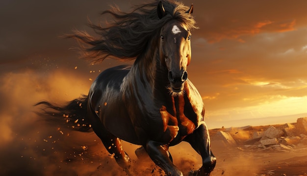 Photo gratuite cheval majestueux courant librement au coucher du soleil, montrant sa force générée par l'intelligence artificielle