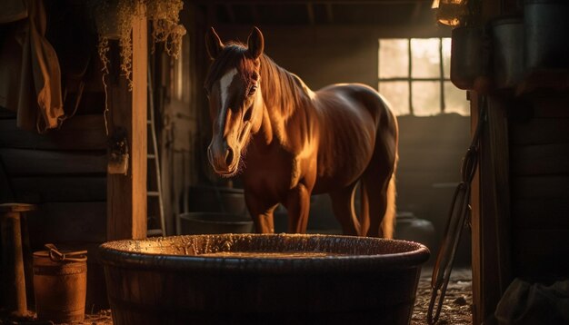 Cheval pur-sang debout dans un atelier de grange humide généré par l'IA