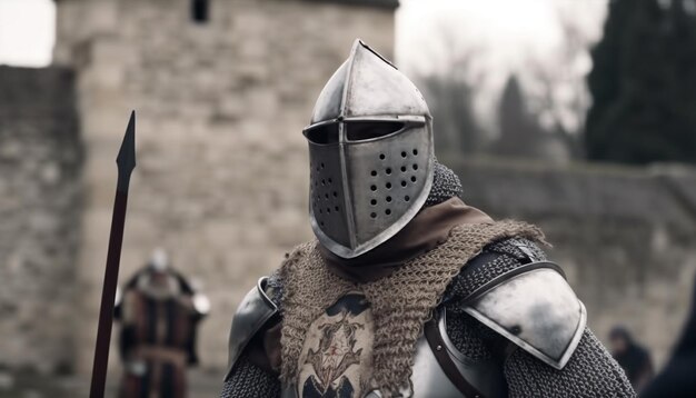 Le chevalier médiéval en armure brandit courageusement l'épée générée par l'IA