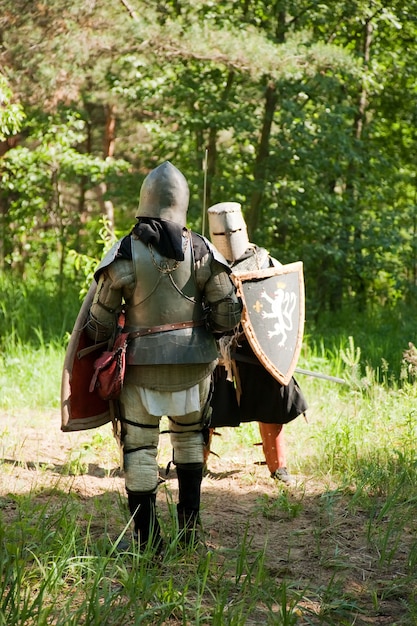 les chevaliers armés se battent à la forêt