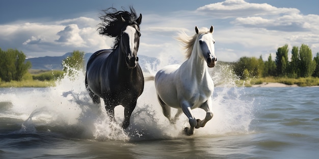 Chevaux courant dans l'eau