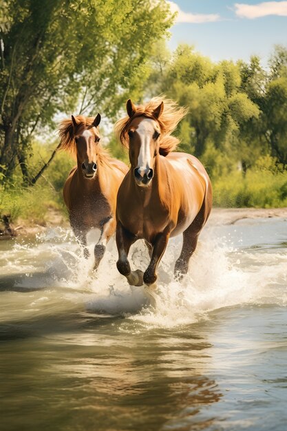 Chevaux courant dans l'eau