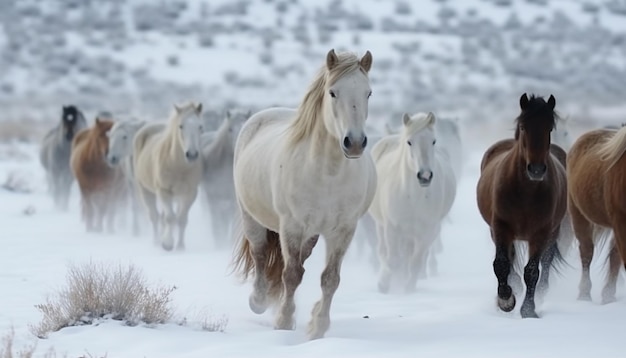 Photo gratuite chevaux de prairie enneigée broutant au pays des merveilles d'hiver beauté ia générative