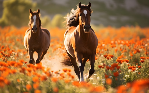 Des chevaux qui courent dans un pâturage fleuri
