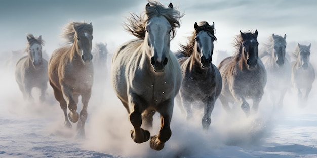 Photo gratuite des chevaux sauvages traversent une tempête de neige.