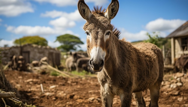 Photo gratuite une chèvre mignonne paît dans un pré vert en regardant une caméra générée par l'intelligence artificielle