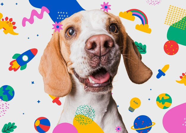 Un chien adorable avec un arrière-plan graphique abstrait et coloré