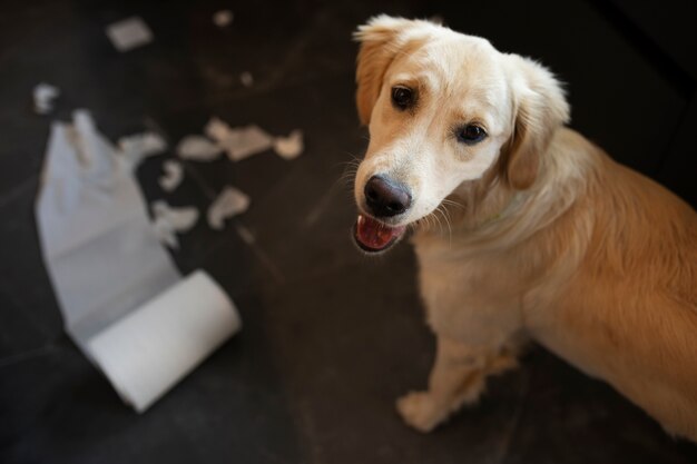 Chien à angle élevé faisant un gâchis à l'intérieur