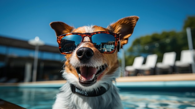 Chien Chihuahua portant des lunettes de soleil sur la plage en été