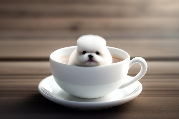 Photo gratuite un chien dans une tasse de thé est assis sur une table en bois.