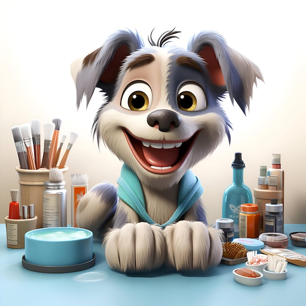 Photo gratuite chien de dessin animé avec des produits cosmétiques sur la table illustration 3d