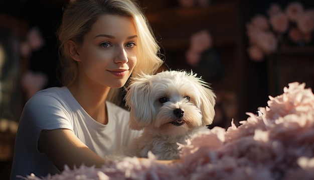 Photo gratuite un chien et une femme mignons embrassent le pur bonheur dans la nature généré par l'intelligence artificielle